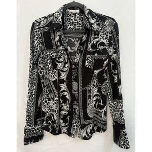 Cache Black White Silver Baroque Style Stretch Snap Front Top Shirt Womens Small